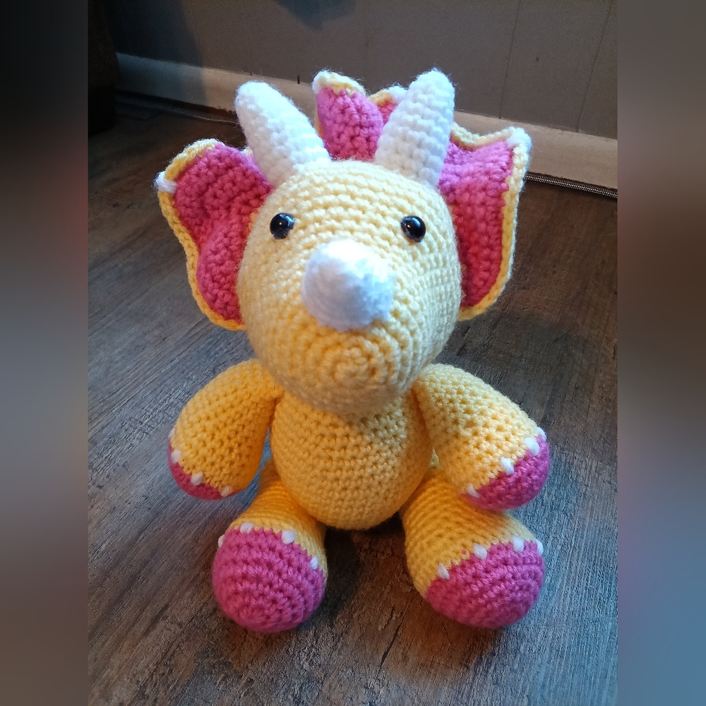 Handmade Crochet Yellow & Pink Stuffed Triceratops Toy